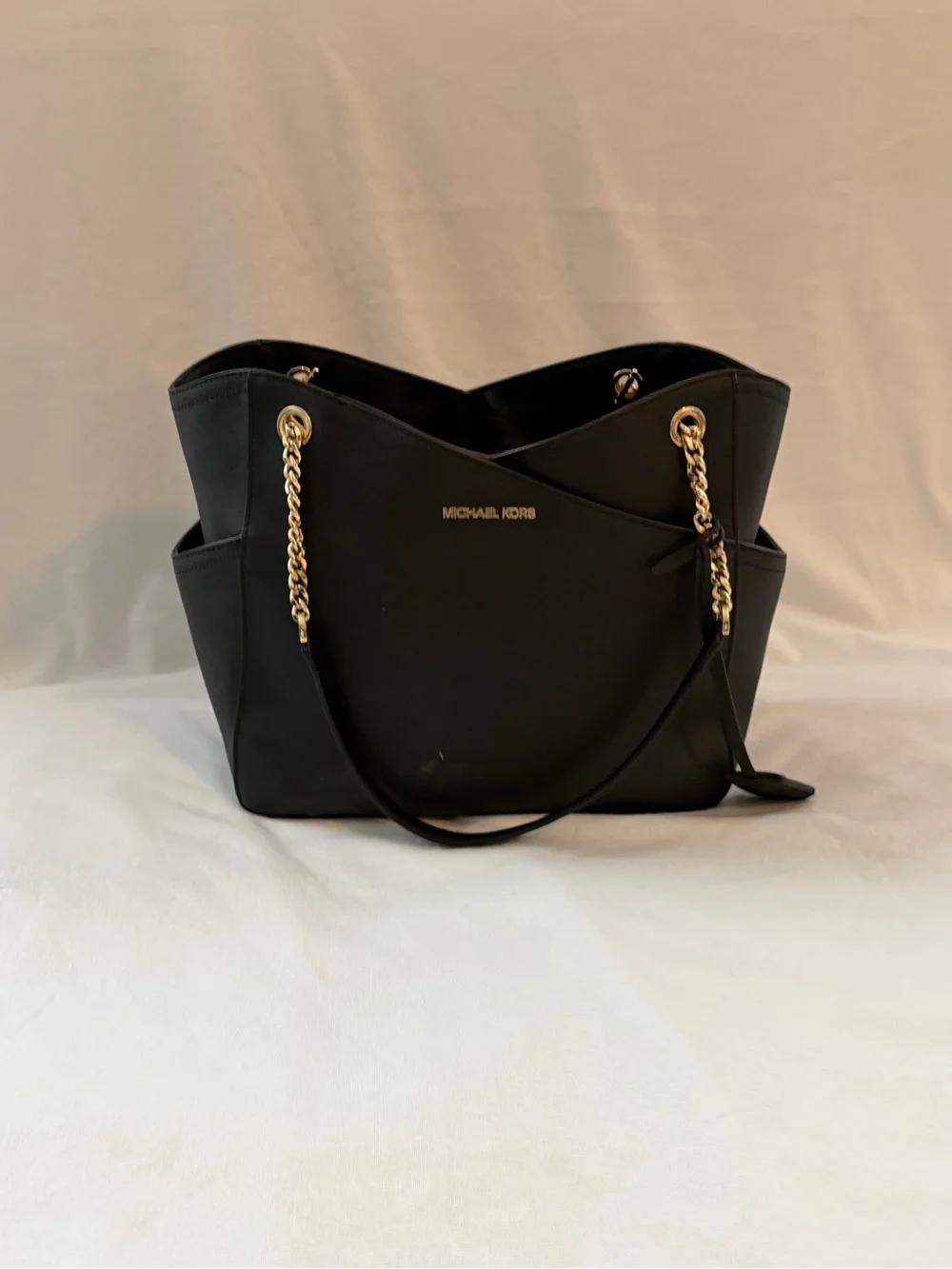 Michael Kors Black Saffiano Leather Tote with Gold Chain Straps - Picture 2 of 5